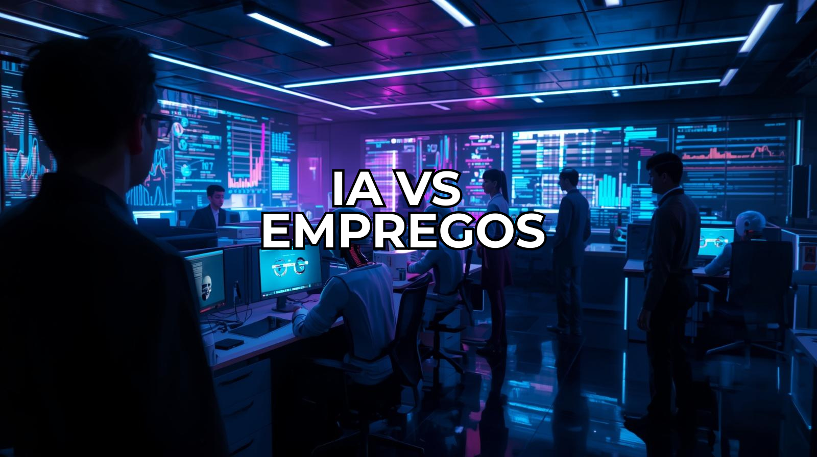 Profissões sendo impactadas pela inteligência artificial em cenário futurista tecnológico neon.