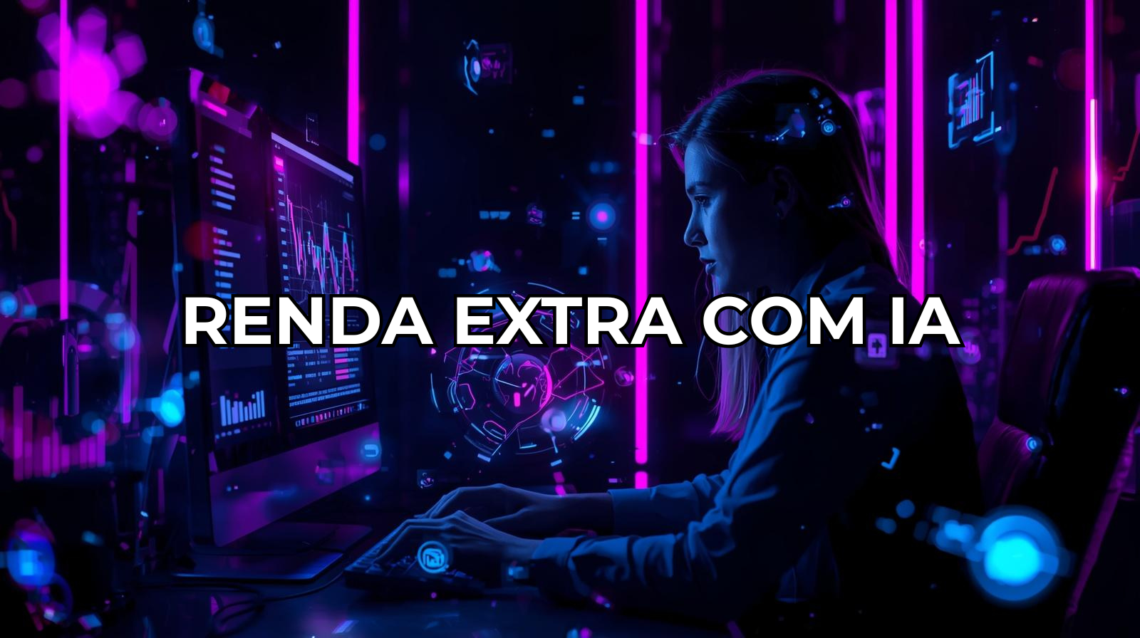 Pessoa trabalhando com inteligência artificial em setup futurista neon roxo e azul com gráficos digitais