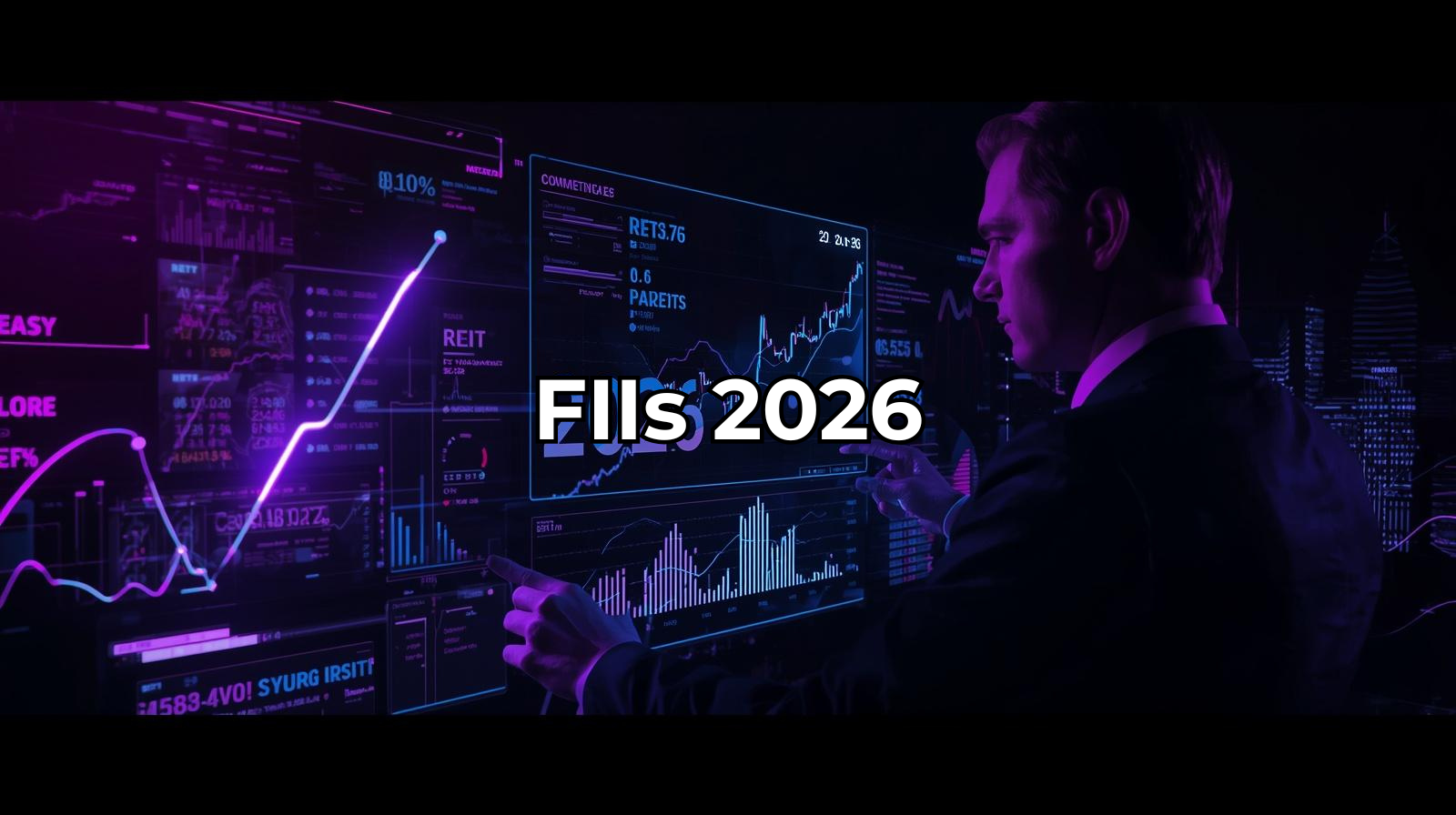Investidor analisando fundos imobiliários em tela digital neon roxa e azul com gráficos financeiros premium