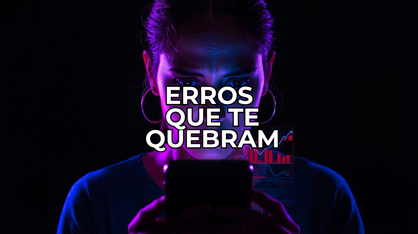 Pessoa preocupada olhando gastos financeiros em ambiente escuro neon roxo e azul com gráficos negativos